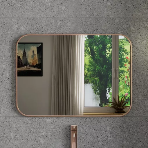 HD Kim Brushed Copper 70x50 cm széles fürdőszobai szögletes fali tükör, szálcsiszolt réz színű alumínium kerettel