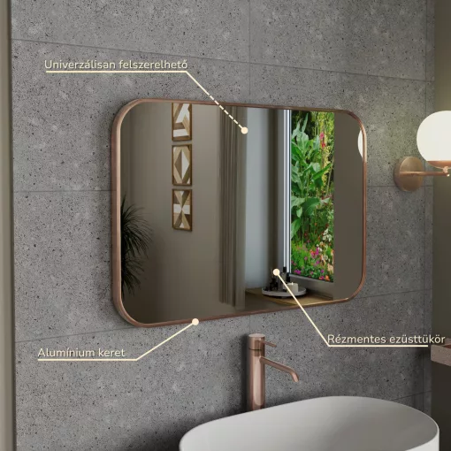 HD Kim Brushed Copper 70x50 cm széles fürdőszobai szögletes fali tükör, szálcsiszolt réz színű alumínium kerettel