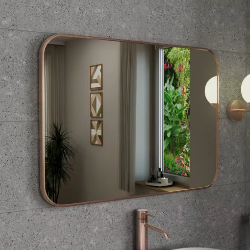 HD Kim Brushed Copper 80x60 cm széles fürdőszobai szögletes fali tükör, szálcsiszolt réz színű alumínium kerettel