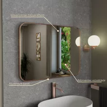 HD Kim Brushed Copper 80x60 cm széles fürdőszobai szögletes fali tükör, szálcsiszolt réz színű alumínium kerettel