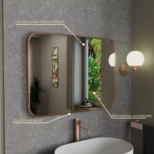 HD Kim Brushed Copper 80x60 cm széles fürdőszobai szögletes fali tükör, szálcsiszolt réz színű alumínium kerettel