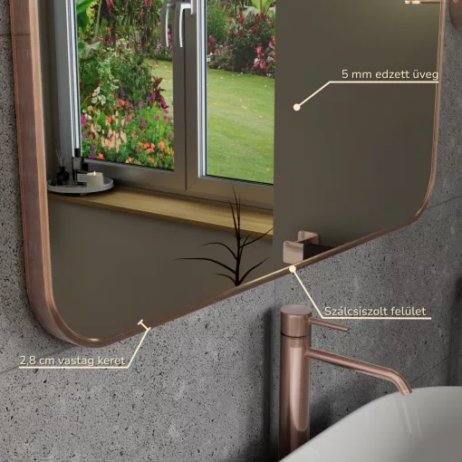 HD Kim Brushed Copper 80x60 cm széles fürdőszobai szögletes fali tükör, szálcsiszolt réz színű alumínium kerettel
