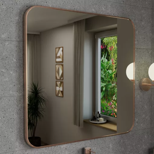 HD Kim Brushed Copper 80x80 cm széles fürdőszobai fali szögletes tükör, szálcsiszolt réz színű alumínium kerettel