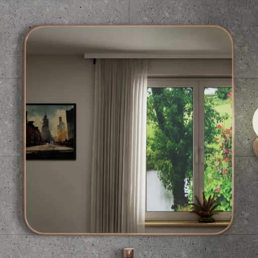 HD Kim Brushed Copper 80x80 cm széles fürdőszobai fali szögletes tükör, szálcsiszolt réz színű alumínium kerettel