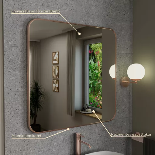 HD Kim Brushed Copper 80x80 cm széles fürdőszobai fali szögletes tükör, szálcsiszolt réz színű alumínium kerettel