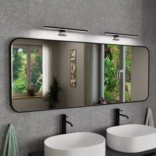 HD Kim Black 150x60 cm széles fürdőszobai fali szögletes tükör, matt fekete színű alumínium kerettel és LED lámpával