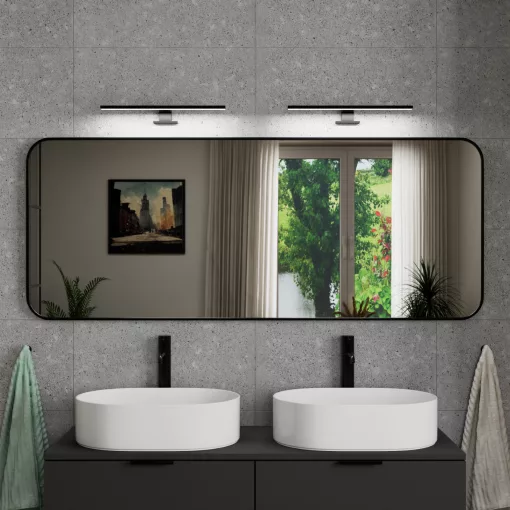 HD Kim Black 150x60 cm széles fürdőszobai fali szögletes tükör, matt fekete színű alumínium kerettel és LED lámpával