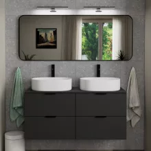 HD Kim Black 150x60 cm széles fürdőszobai fali szögletes tükör, matt fekete színű alumínium kerettel és LED lámpával