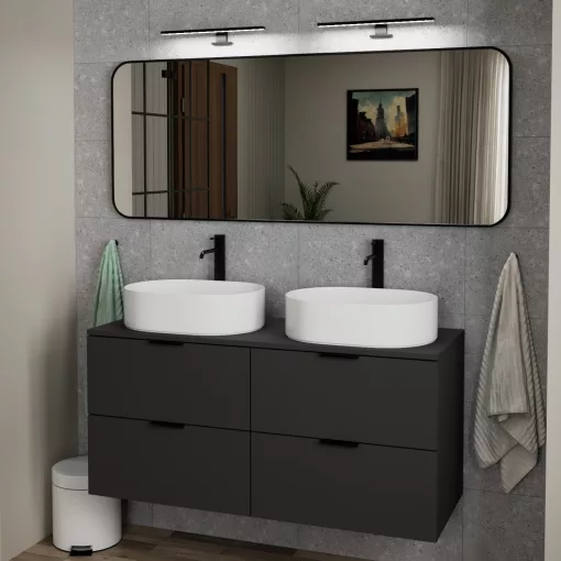 HD Kim Black 150x60 cm széles fürdőszobai fali szögletes tükör, matt fekete színű alumínium kerettel és LED lámpával