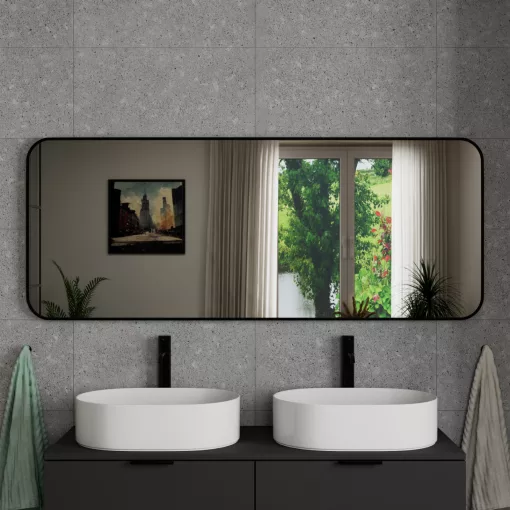 HD Kim Black 150x60 cm széles fürdőszobai fali szögletes tükör, matt fekete színű alumínium kerettel