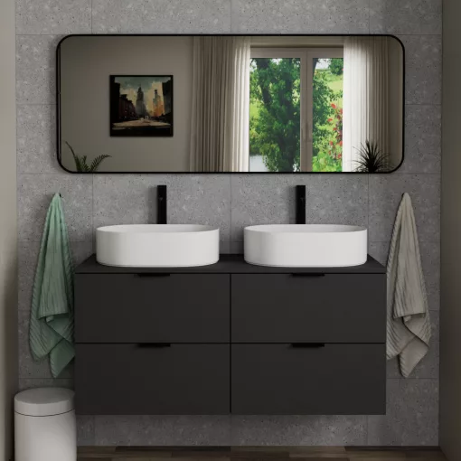 HD Kim Black 150x60 cm széles fürdőszobai fali szögletes tükör, matt fekete színű alumínium kerettel