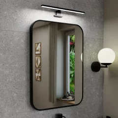   HD Kim Black 50x70 cm széles fürdőszobai szögletes fali tükör, fekete színű alumínium kerettel és LED lámpával