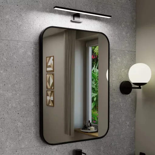 HD Kim Black 50x70 cm széles fürdőszobai szögletes fali tükör, fekete színű alumínium kerettel és LED lámpával
