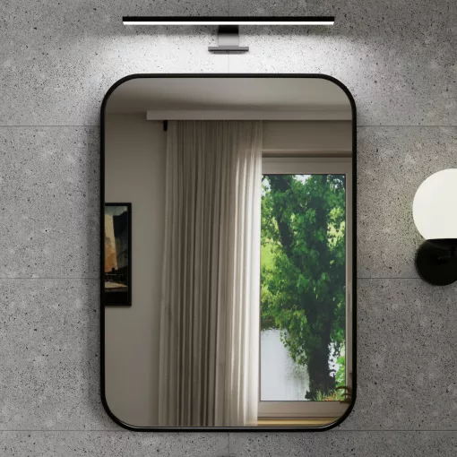HD Kim Black 50x70 cm széles fürdőszobai szögletes fali tükör, fekete színű alumínium kerettel és LED lámpával