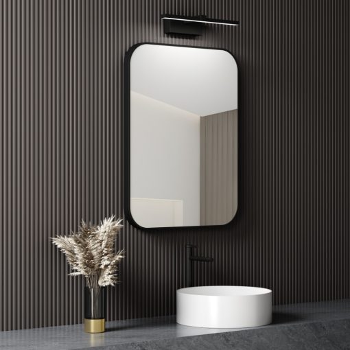 HD Kim Black 60 cm széles fürdőszobai szögletes fali tükör, fekete színű alumínium kerettel és LED lámpával