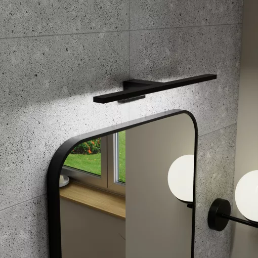 HD Kim Black 50x70 cm széles fürdőszobai szögletes fali tükör, fekete színű alumínium kerettel és LED lámpával