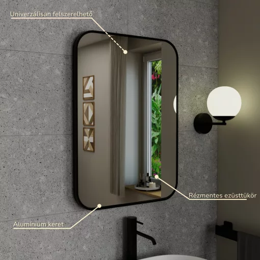 HD Kim Black 50x70 cm széles fürdőszobai szögletes fali tükör, fekete színű alumínium kerettel és LED lámpával