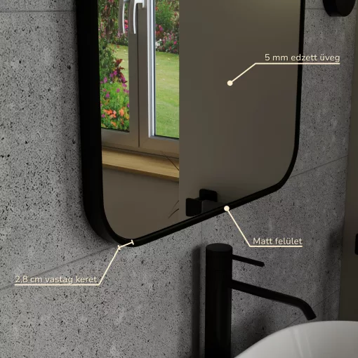 HD Kim Black 50x70 cm széles fürdőszobai szögletes fali tükör, fekete színű alumínium kerettel és LED lámpával