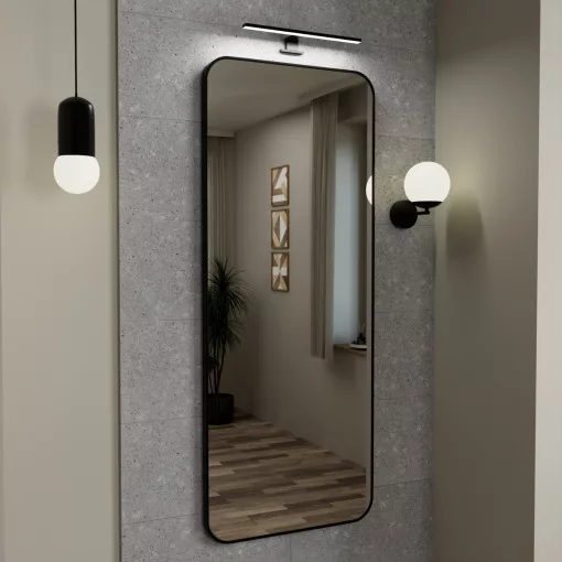 HD Kim Black 60x150 cm széles fürdőszobai fali szögletes tükör, matt fekete színű alumínium kerettel és LED lámpával