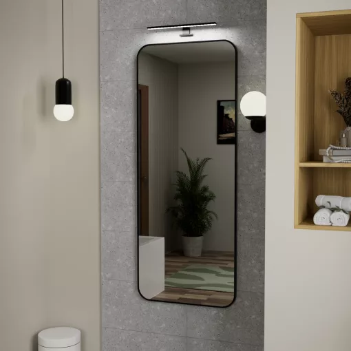 HD Kim Black 60x150 cm széles fürdőszobai fali szögletes tükör, matt fekete színű alumínium kerettel és LED lámpával