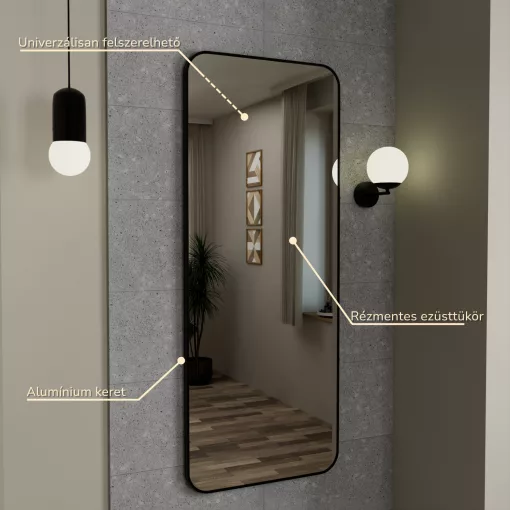 HD Kim Black 60x150 cm széles fürdőszobai fali szögletes tükör, matt fekete színű alumínium kerettel és LED lámpával