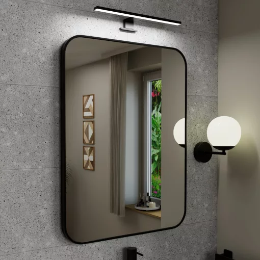 HD Kim Black 60x80 cm széles fürdőszobai szögletes fali tükör, fekete színű alumínium kerettel és LED lámpával