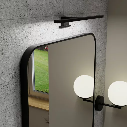 HD Kim Black 60x80 cm széles fürdőszobai szögletes fali tükör, fekete színű alumínium kerettel és LED lámpával