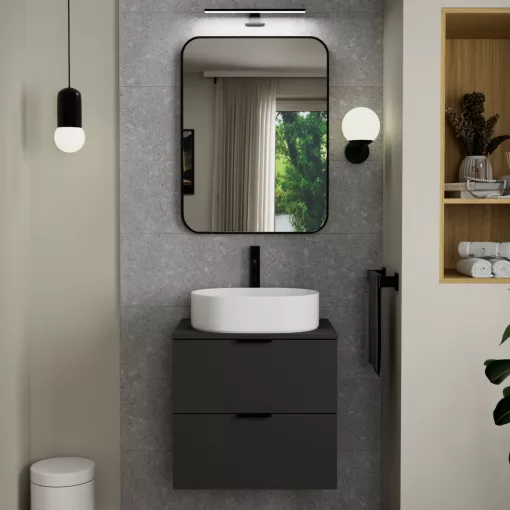 HD Kim Black 60x80 cm széles fürdőszobai szögletes fali tükör, fekete színű alumínium kerettel és LED lámpával