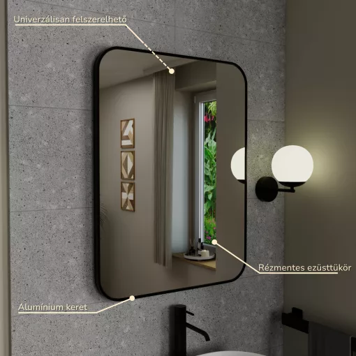 HD Kim Black 60x80 cm széles fürdőszobai szögletes fali tükör, fekete színű alumínium kerettel és LED lámpával