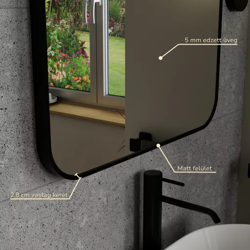 HD Kim Black 60x80 cm széles fürdőszobai szögletes fali tükör, fekete színű alumínium kerettel és LED lámpával