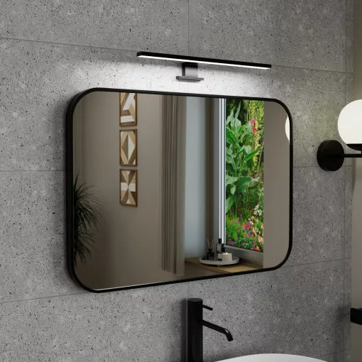 HD Kim Black 70x50 cm széles fürdőszobai szögletes fali tükör, fekete színű alumínium kerettel és LED lámpával