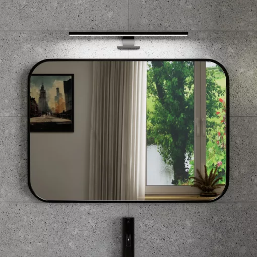HD Kim Black 70x50 cm széles fürdőszobai szögletes fali tükör, fekete színű alumínium kerettel és LED lámpával