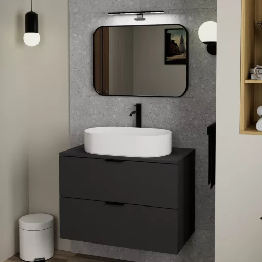HD Kim Black 70x50 cm széles fürdőszobai szögletes fali tükör, fekete színű alumínium kerettel és LED lámpával