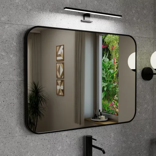 HD Kim Black 80x60 cm széles fürdőszobai szögletes fali tükör, fekete színű alumínium kerettel és LED lámpával