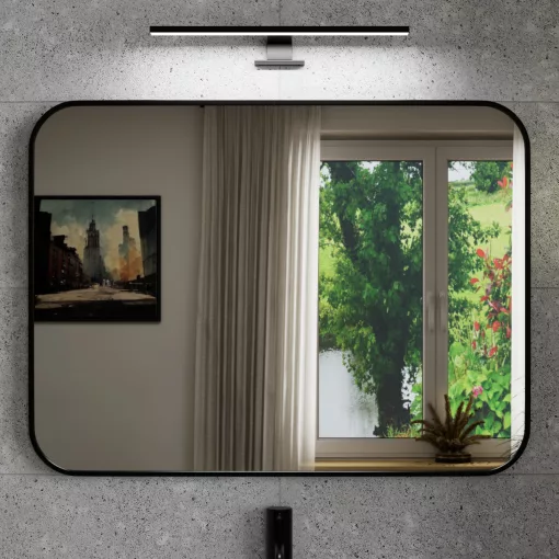 HD Kim Black 80x60 cm széles fürdőszobai szögletes fali tükör, fekete színű alumínium kerettel és LED lámpával