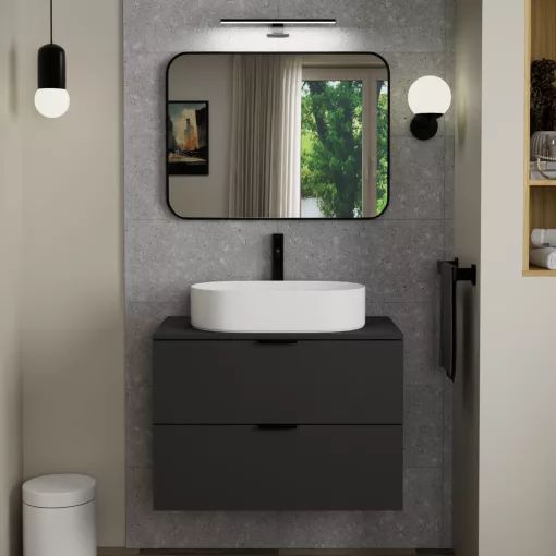 HD Kim Black 80x60 cm széles fürdőszobai szögletes fali tükör, fekete színű alumínium kerettel és LED lámpával