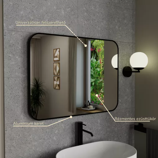 HD Kim Black 80x60 cm széles fürdőszobai szögletes fali tükör, fekete színű alumínium kerettel és LED lámpával