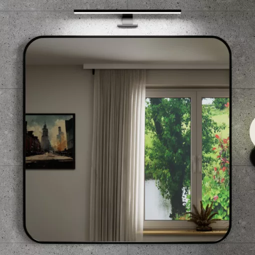 HD Kim Black 80x80 cm széles fürdőszobai fali szögletes tükör, fekete színű alumínium kerettel és LED lámpával