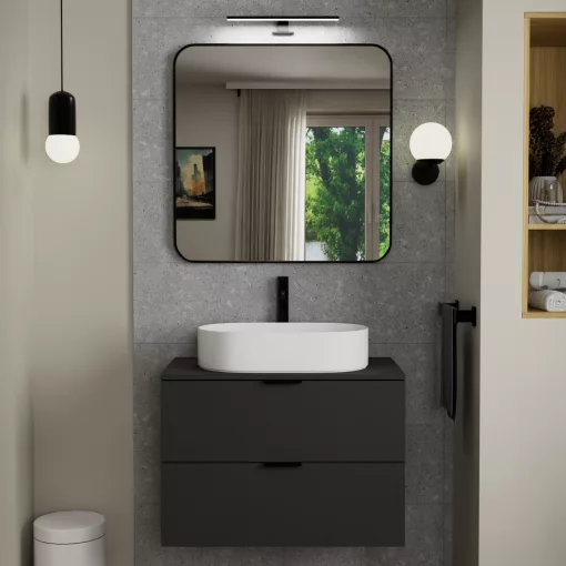 HD Kim Black 80x80 cm széles fürdőszobai fali szögletes tükör, fekete színű alumínium kerettel és LED lámpával