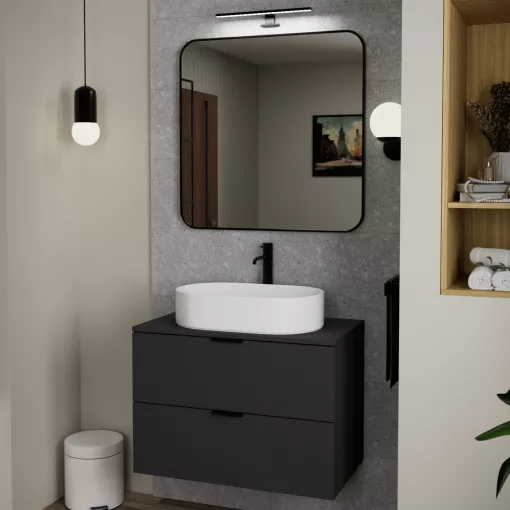HD Kim Black 80x80 cm széles fürdőszobai fali szögletes tükör, fekete színű alumínium kerettel és LED lámpával