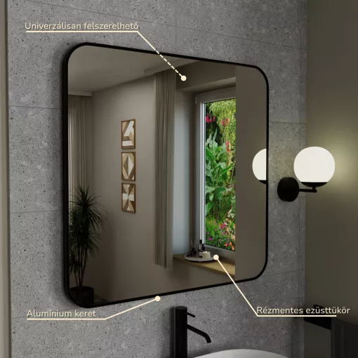 HD Kim Black 80x80 cm széles fürdőszobai fali szögletes tükör, fekete színű alumínium kerettel és LED lámpával