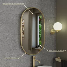 HD Kylie Gold 45x76 cm széles fürdőszobai ovális fali tükör, arany színű alumínium kerettel