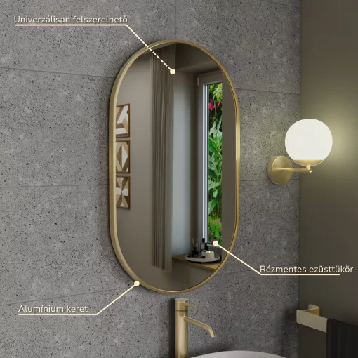 HD Kylie Gold 45x76 cm széles fürdőszobai ovális fali tükör, arany színű alumínium kerettel
