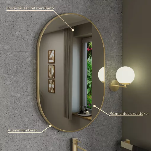 HD Kylie Gold 60x90 cm széles fürdőszobai ovális fali tükör, arany színű alumínium kerettel