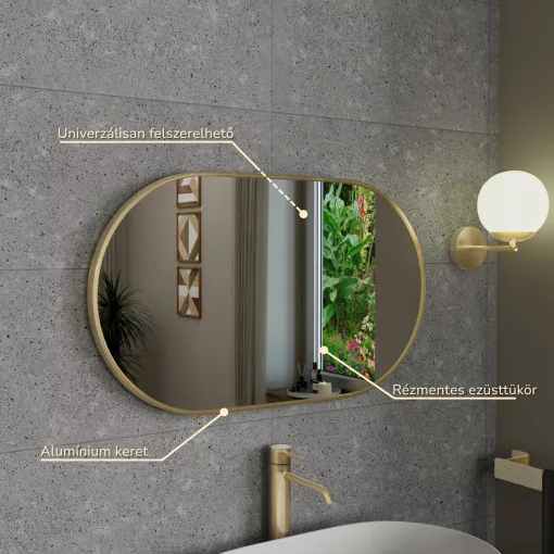 HD Kylie Gold 76x45 cm széles fürdőszobai ovális fali tükör, arany színű alumínium kerettel