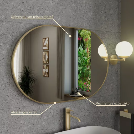 HD Kylie Gold 90x60 cm széles fürdőszobai ovális fali tükör, arany színű alumínium kerettel