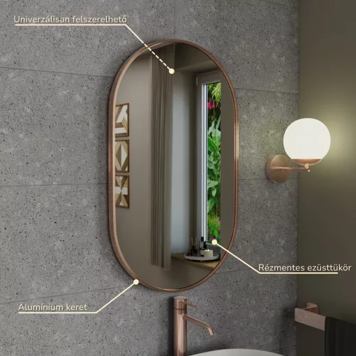 HD Kylie Brushed Copper 45x76 cm széles fürdőszobai ovális fali tükör, szálcsiszolt réz színű alumínium kerettel