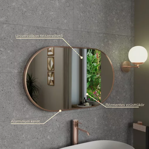 HD Kylie Brushed Copper 76x45 cm széles fürdőszobai ovális fali tükör, szálcsiszolt réz színű alumínium kerettel