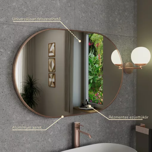 HD Kylie Brushed Copper 90x60 cm széles fürdőszobai ovális fali tükör, szálcsiszolt réz színű alumínium kerettel