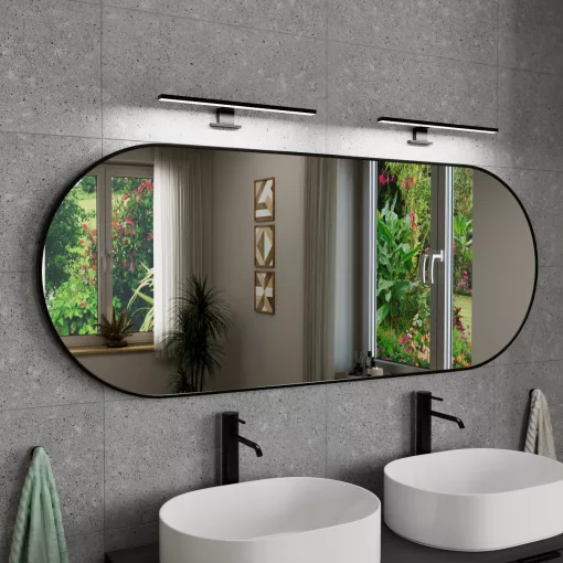 HD Kylie Black 150x60 cm széles fürdőszobai ovális fali tükör, matt fekete színű alumínium kerettel és LED lámpával